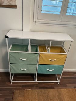 White Metal Storage Dresser with Fabric Drawers