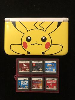 Nintendo 3DS XL Yellow Pikachu Edition+6 Games Nintendogs LEGO POTC Ice Age 2+more