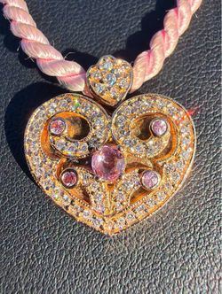 Kronen 18k Solid Rose Gold Diamond Pink Sapphire Heart Pendant Charm & Pink Rope Chain Necklace 17.5” 5mm