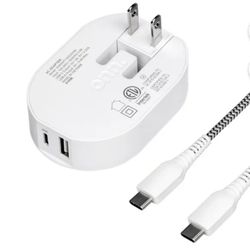 onn. 32W Dual-Port Wall Charging Kit with USB-C Charging Cable, 20W USB-C Port Fast Charger with Power Delivery, 12W USB Port Standard Charges.

