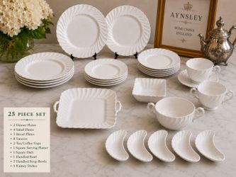 Aynsley Bone China England 25-Piece Swirl Pattern Set – White Vintage China – Excellent Condition