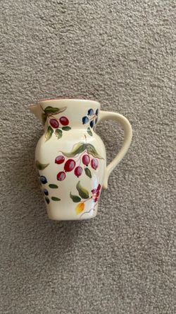Vintage FTD Ceramic Pitcher Jug Vase Red and Blue Berries Red Lined Top