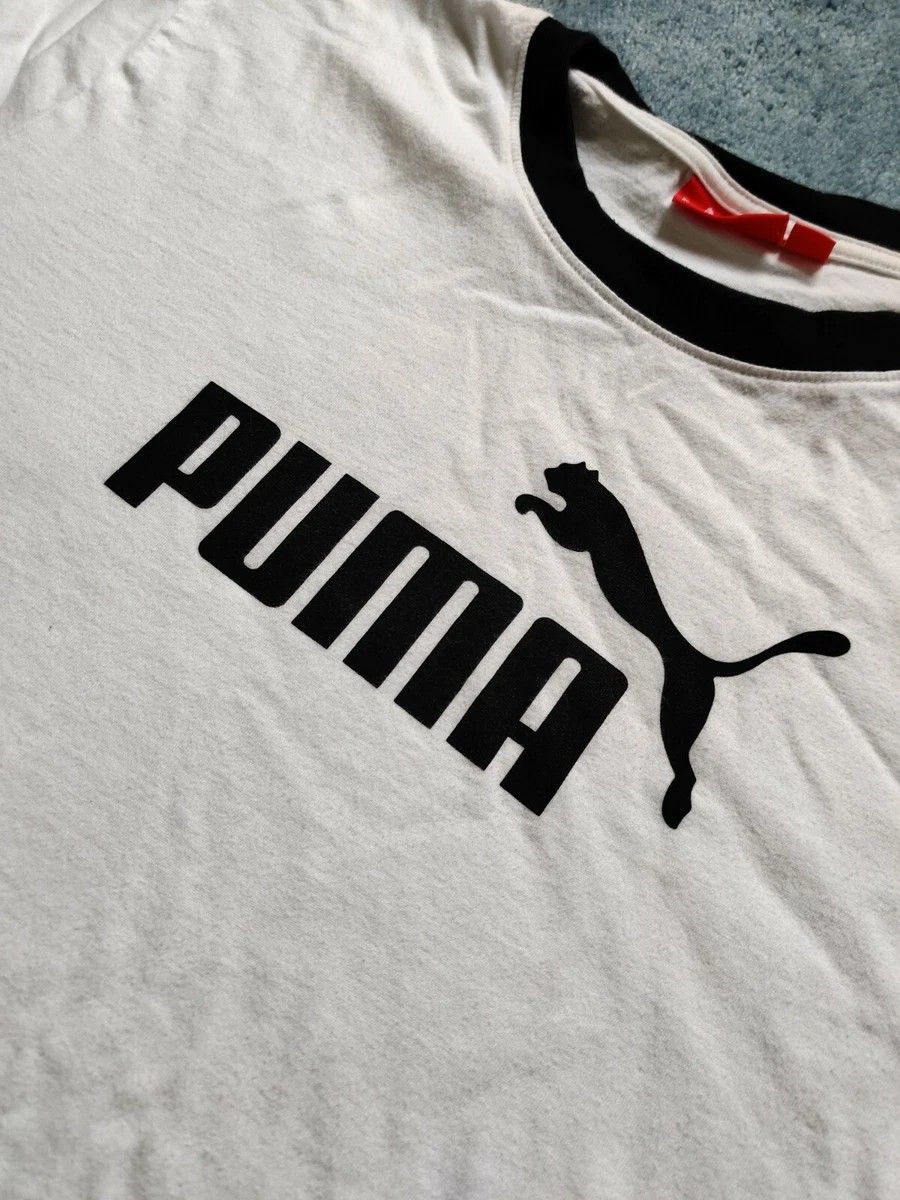 PUMA Men's White - Black Graphic Short-Sleeve Crew-Neck Tee Top Logo T-Shirt size M medium