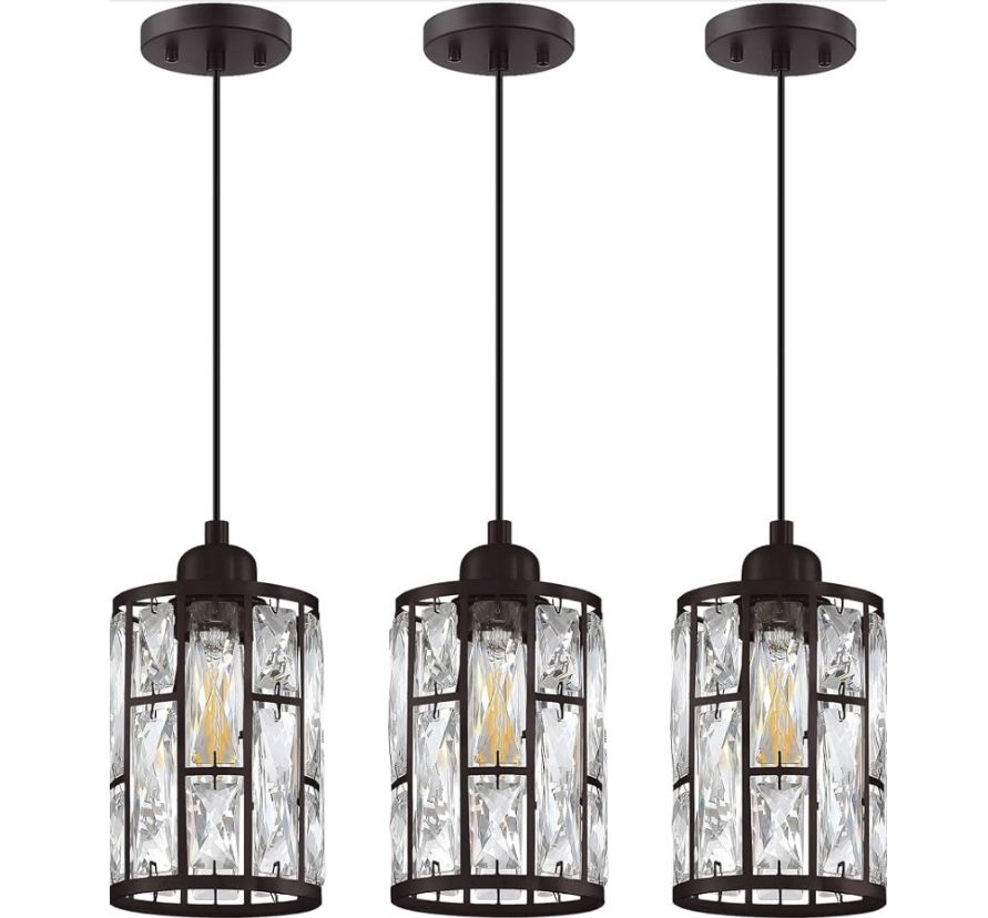 3 Pack 1 Light 5.4" Crystal Shade Hanging Kitchen Island Pendant Light Black Finish,Modern Pendant Fixture with Crystal Metal Shade