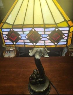 Vintage Monkey And Palm Tree Table Lamp With Tiffany "Style" Shade