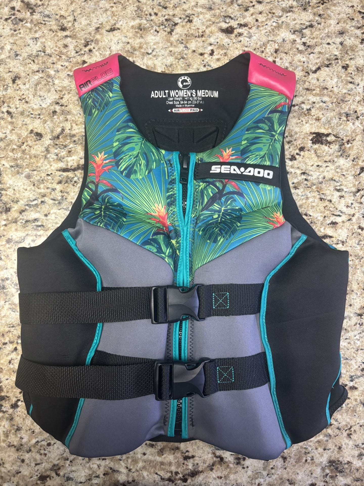 Sea-Doo Airflow Adult Women's Life Jacket - Aloha Edition (Green / Pink) Women’s Medium. Perfect Condition .. Looks Like Never Used.