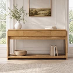 70" Console Table Wooden Farmhouse Entryway Table for Living Room Hallway Entrance, Oak Brown