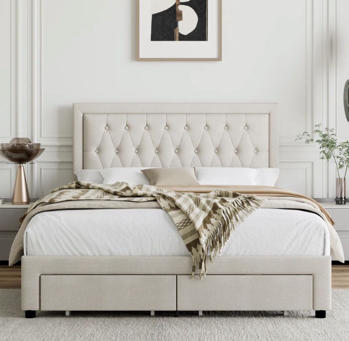 Beige full size bedframe, KLV - UP - 154