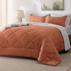 King Size Comforter Set - 7 Pieces Reversible Burnt Orange Bedding, King Size Bed Set for All Seasons, Bed in a Bag with Down Alternative Comforter, S