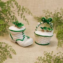 Bisque Porcelain Clover Irish Boot and Basket Tinket Box Figurines Keepsakes, St. Patrick's Day Jewlery Boxes
