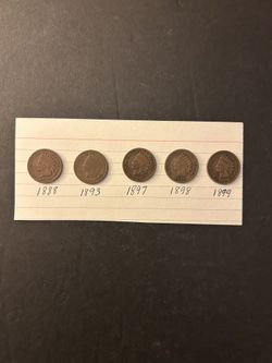 Coins – Indian pennies – 1888/93/97/98/99 – over125 years old – Total 5 coin $56