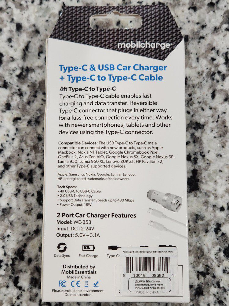 NEW Type-C & USB Car Charger + 4-ft. Type-C to Type-C Cable