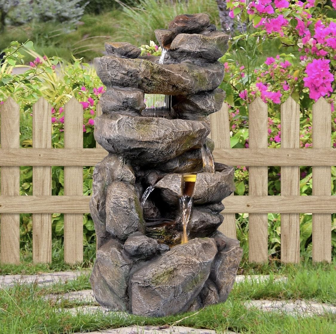 Ferrisland Outdoor Rock Waterfall Fountain with LED Lights and Pump, 5-Tier 31.5" H Outdoor Freestanding Fountain and Cascading Floor Water Feature Ar