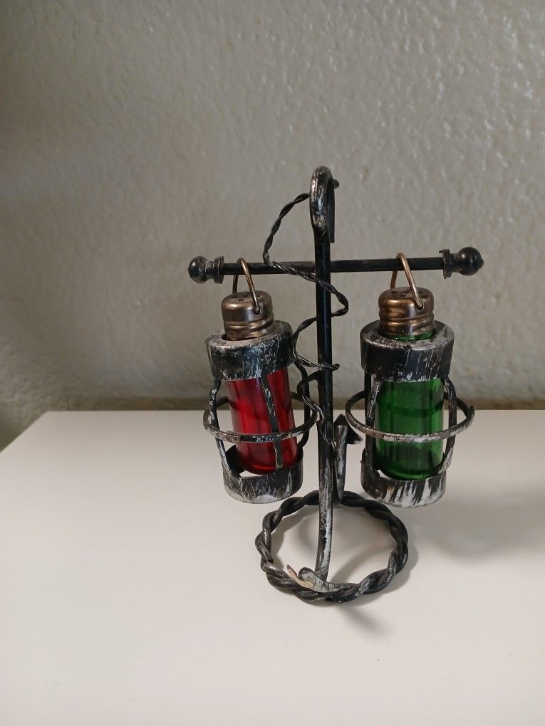 Vintage Red & Green Glass Nautical Salt And Pepper Shakers On Stand