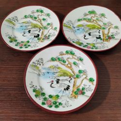 Set of 3 Vintage Japanese Pin Dishes, Trinket Dishes, Hand Painted Scene w/ Egrets
