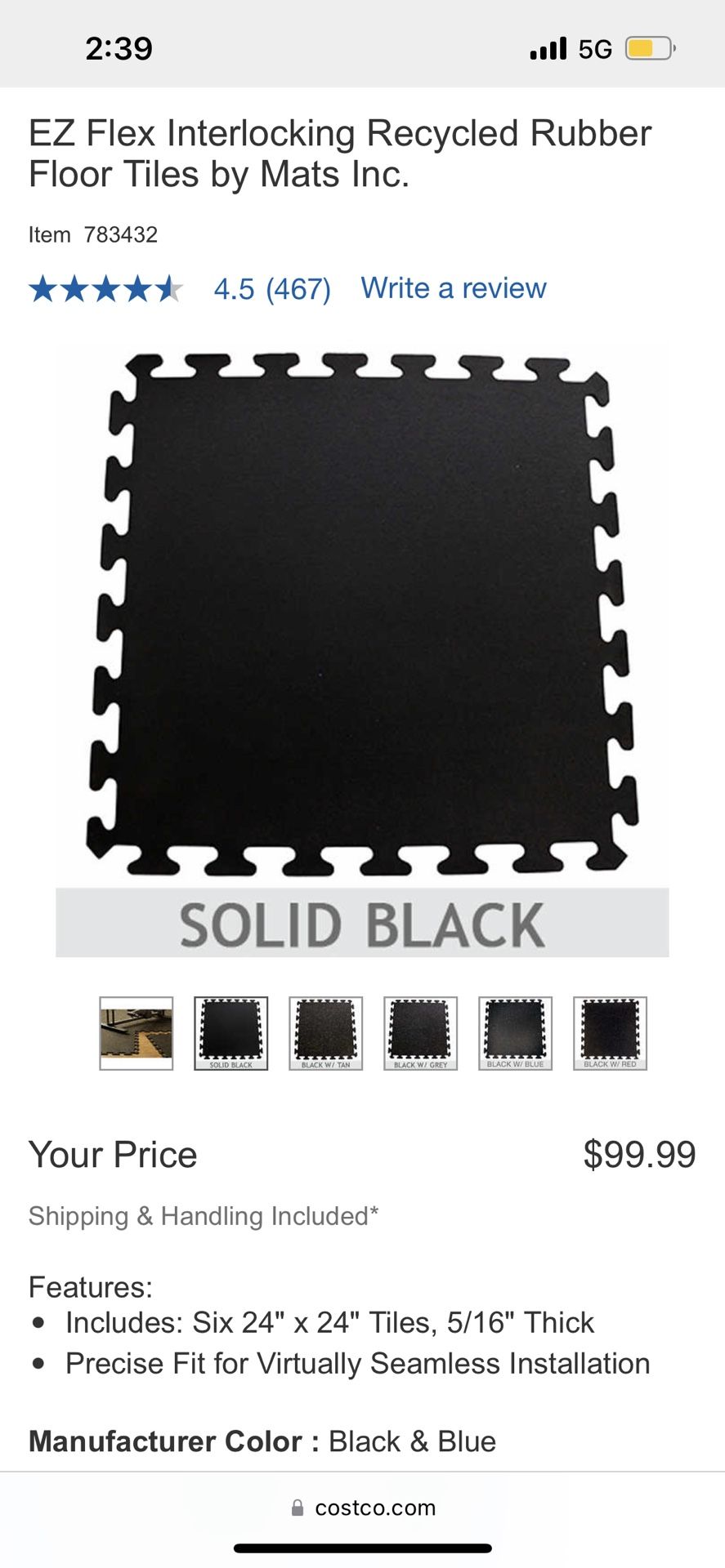 Costco EZ Flex Interlocking Recycled Rubber Floor Tiles by Mats Inc.