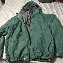 Columbia 2in1 Omni-Tech Interchange Jacket Mens Medium Black Hooded Ski Coat 