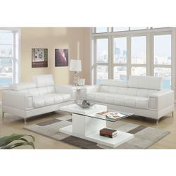 2 Piece Sofa Loveseat Set White Faux Leather Chrome Legs Brand New In Box Firm Price $820