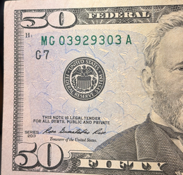 50 Fifty Dollar Bill 2013 U Low Num MG0(contact info removed)A #(contact info removed)62