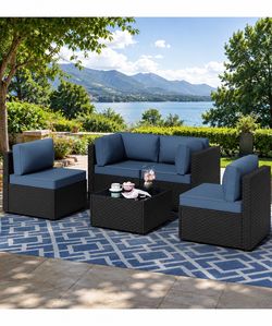 5-Piece Wicker Patio Sectional Set – Navy Blue Cushions