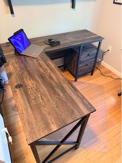 Industrial L-Shaped Executive Desk with File Cabinet – Excellent Condition
