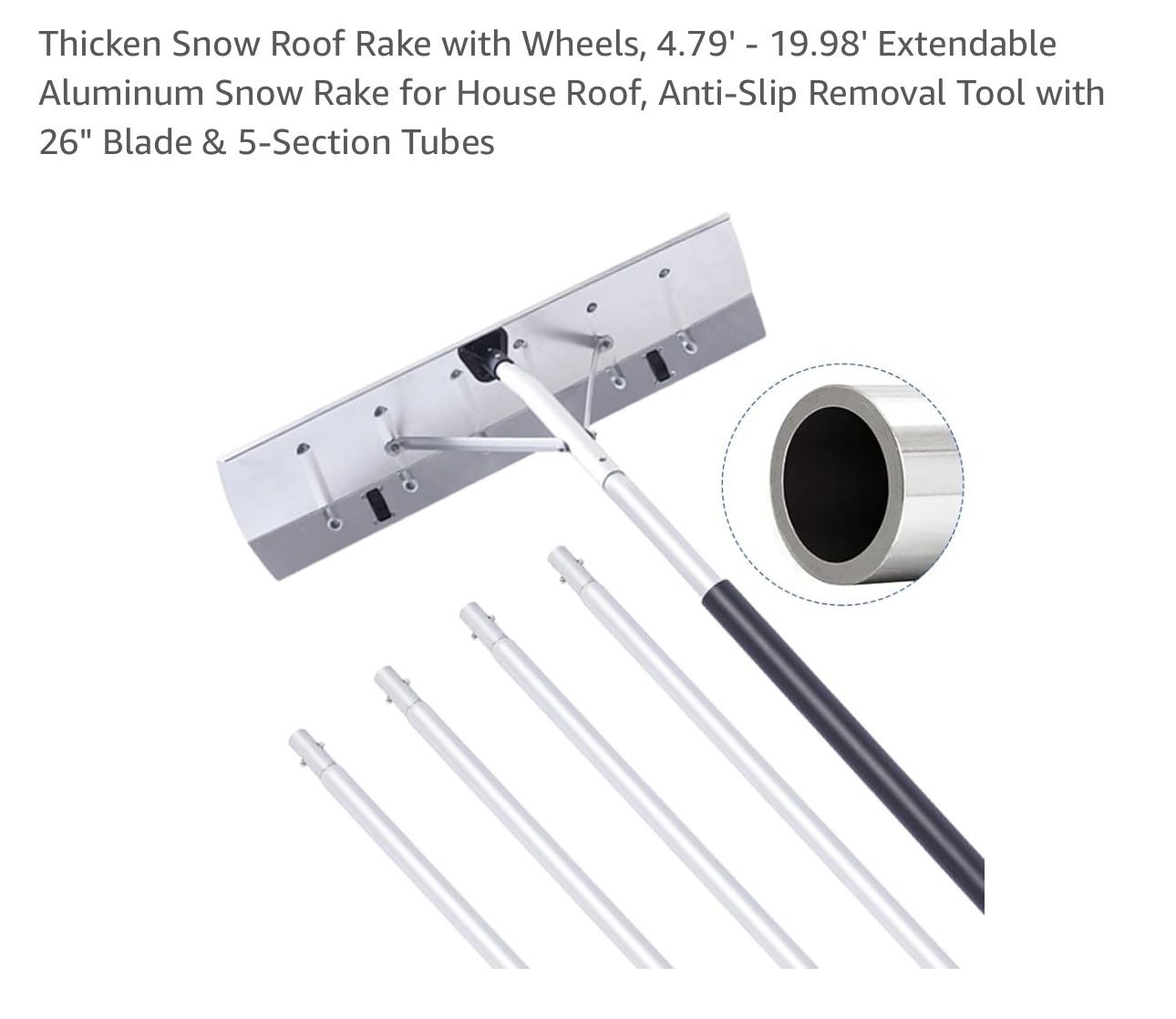 Thicken Snow Roof Rake with Wheels, 4.79' - 19.98' Extendable Aluminum Snow Rake for House Roof, Anti-Slip Removal Tool with 26" Blade