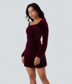 NWoT HALARA Square Neck Long Sleeve Ruched Velvet Mini Dress in Burgundy S