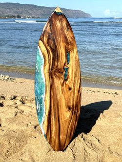 Monkeypod surfboard art 43.25 inches Epoxy ocean scene Hawaiian