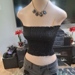 Pre-owned Black Smocked Tubetop With Ruffled Edges  Size: S