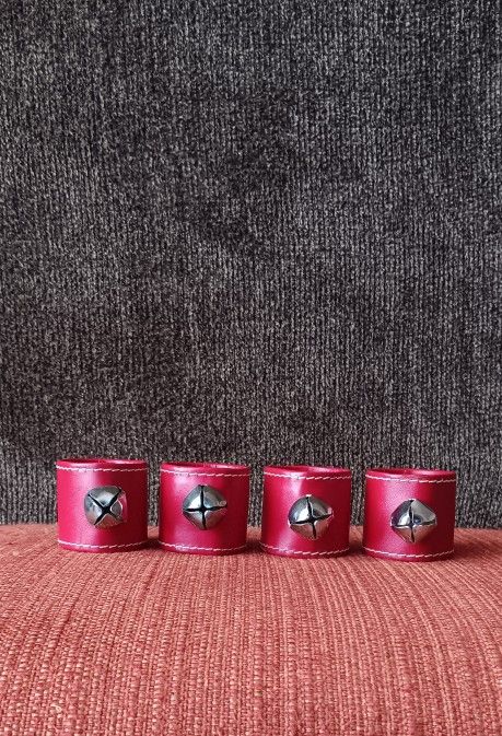 Vintage Red Leather Napkin Rings with Jingle Bells, 4 Jingle Bell Napkin Rings