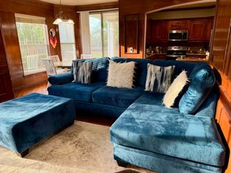 Blue Sectional Sofa (L Shaped) with Ottoman – $750