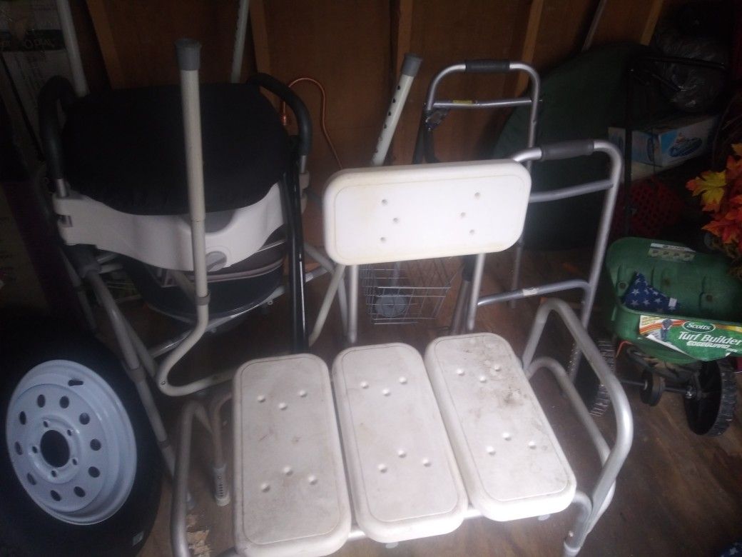 Handicap ,shower Chair,walker. with Wheels and basket three walking cane bathroom Camode seat and more.