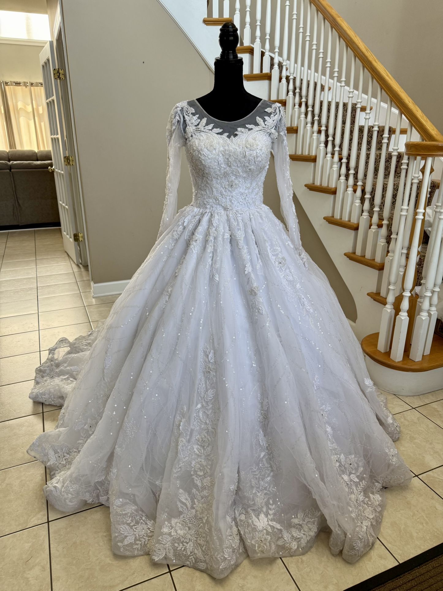 Modest White European Handmade Beaded Wedding Dress Size 4-6. Pearl Veil & Petticoat Included.