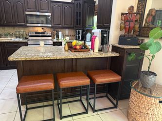 Set of 3 Cognac Leather Bar Stools