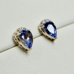 NWOT 9K Gold Pear-Shape 0.87ct Tanzanite Tanzanite, 0.048ct Diamonds Earrings