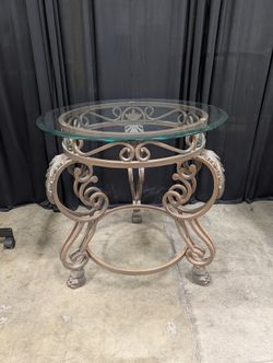 Ornate Bronze Finish Round End Table with Glass Top