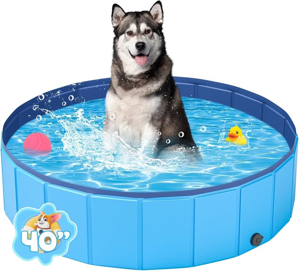 Foldable Dog Pool, Portable PVC Dog Pet Swimming Pool, Collapsible Plastic Dog Bath for for Large Medium Small Dogs & Kids (M-40" x 12" Blue)