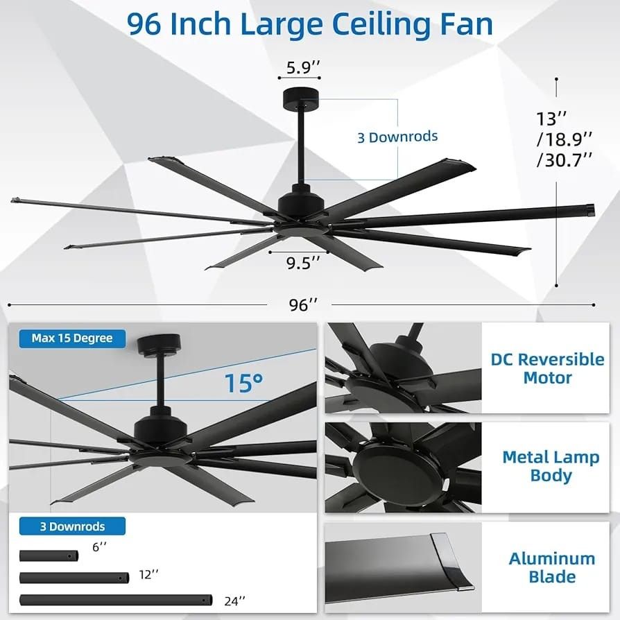 96 Inch Large Industrial Ceiling Fan no Lights, Reversible DC Motor, 3 Downrods, 6 Speed Remote Control, 8 Aluminum Blades, Outdoor Black Fans