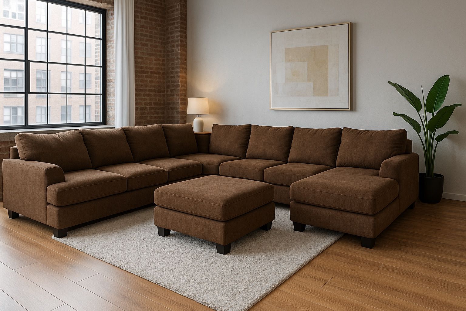✅Free Delivery - Brown Sectional Couch + Oversized Ottoman