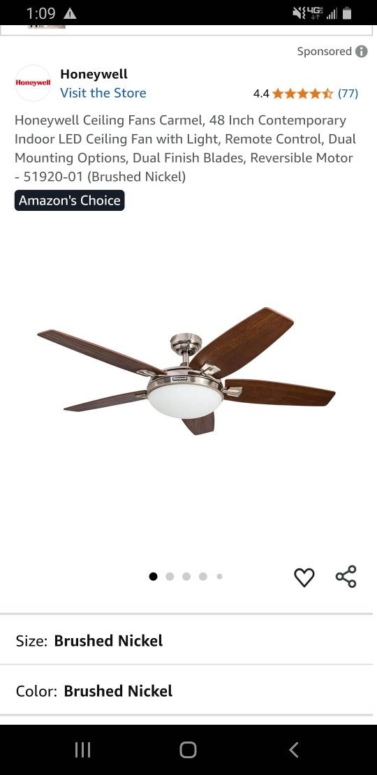 Honeywell Ceiling Fans Carmel, 48 Inch Contemporary Indoor LED Ceiling Fan with Light, Remote Control, Dual Mounting Options, Dual Finish Blades, Reve