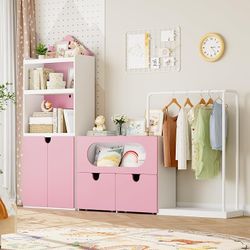 69" Large Toy Storage Organizer with Clothes Rack, Modular Type Kids Bookshelf & Toy Storage with Two Movable Toy Box, Children Bookshelf for Playroom