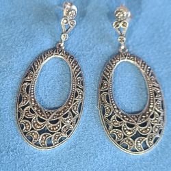 Vintage Sterling Silver Marcasite Dangle Earrings 