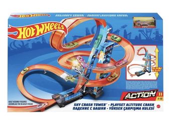 Hot Wheels Sky Crash Tower Track Set Motorized Racing Crashing Action 32 Inches new