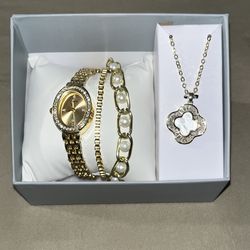 NIB Yaamava Resort Casino 4pc Jewelry Set Watch Bangle Necklace Gold Tone