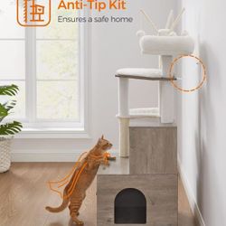 Cat Tree with Litter Box Enclosure, 2-in-1 Modern Cat Tower, 55.1-Inch Cat Condo with Scratching Posts, Removable Pompom Sticks, Greige 
