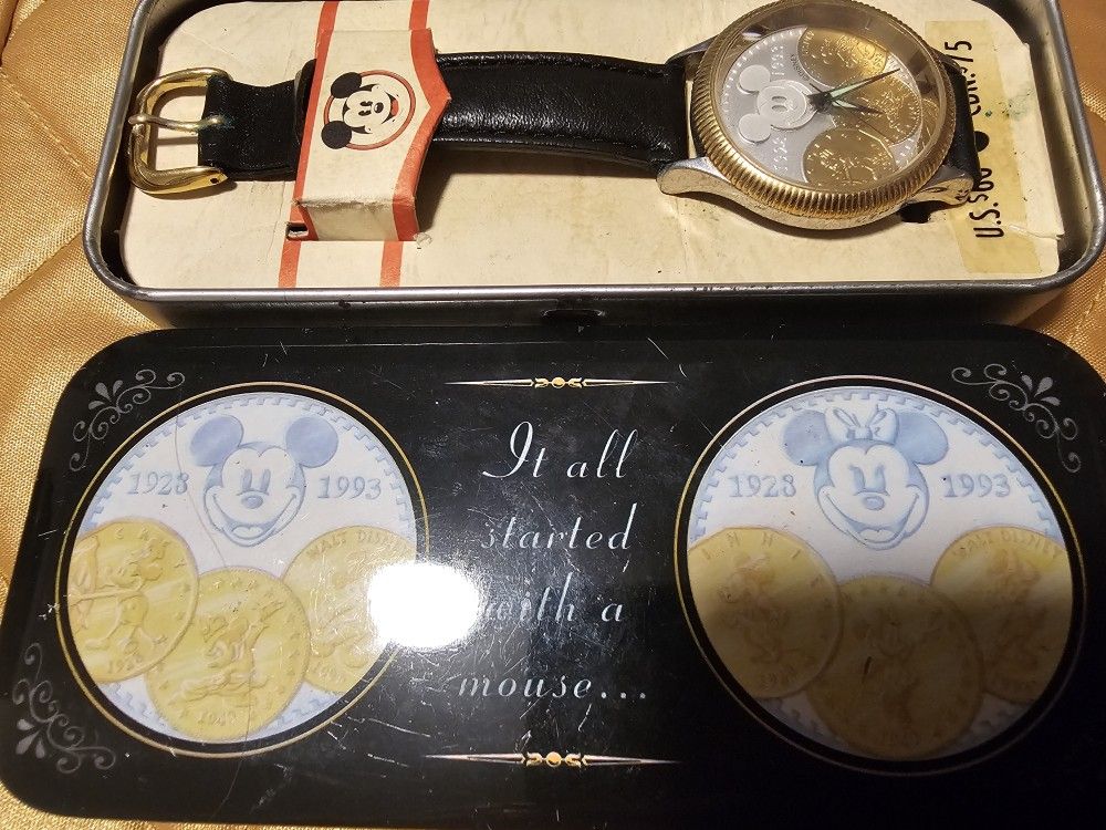 $75.00 - Disney Watch, 65th Anniversary Mickey Mouse! Rare & Vintage In Original Tin Box - Needs Battery!