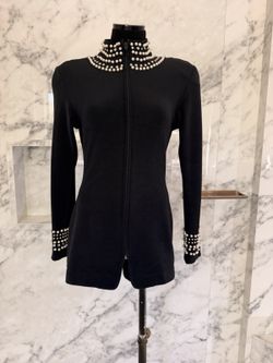 Vintage Tadashi Black Pearl Rhinestone Embellished Jacket Size M Made USA
