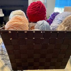 Basket Full Of 9 Yarns & Thread 