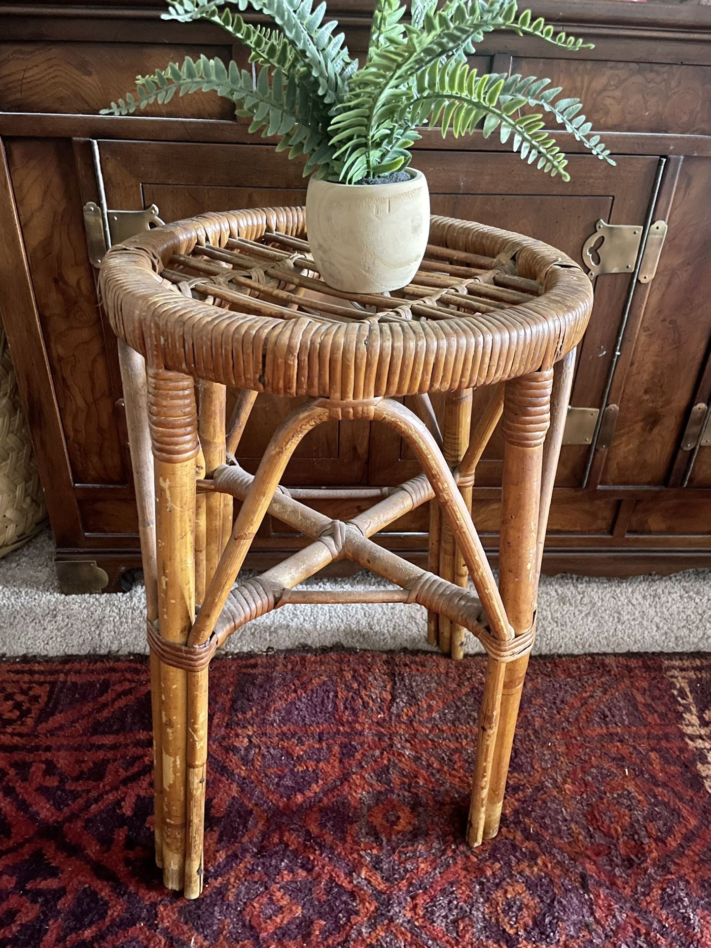 Vintage Rattan Wicker Stool Plant Stand