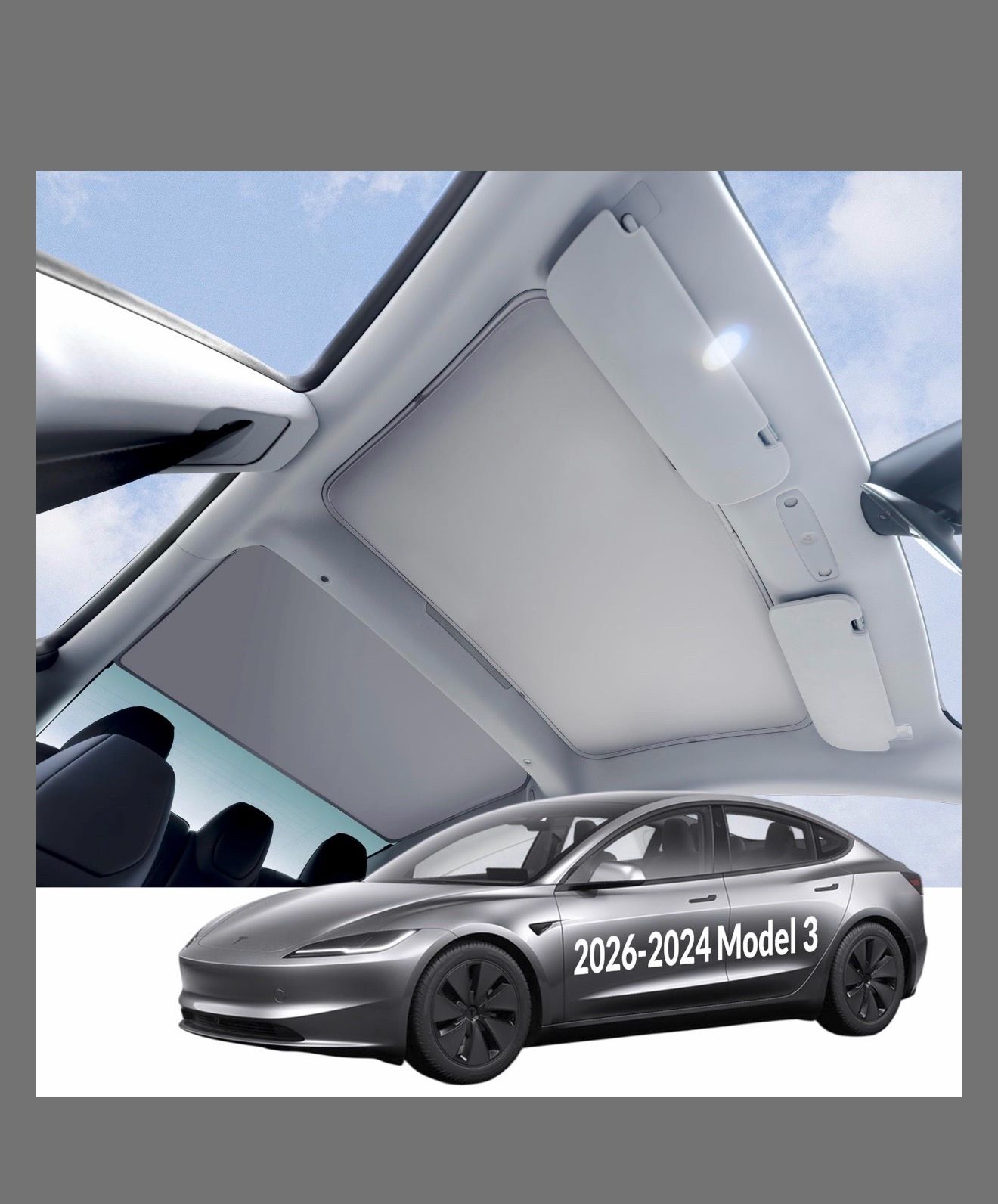 VION Tesla Model 3 Roof Sunshade (2026-2024 Model 3 Highland) – Full Blackout (No Light Transmission), Cooler Cabin, Dual-Layer Fabric With Graphene-E